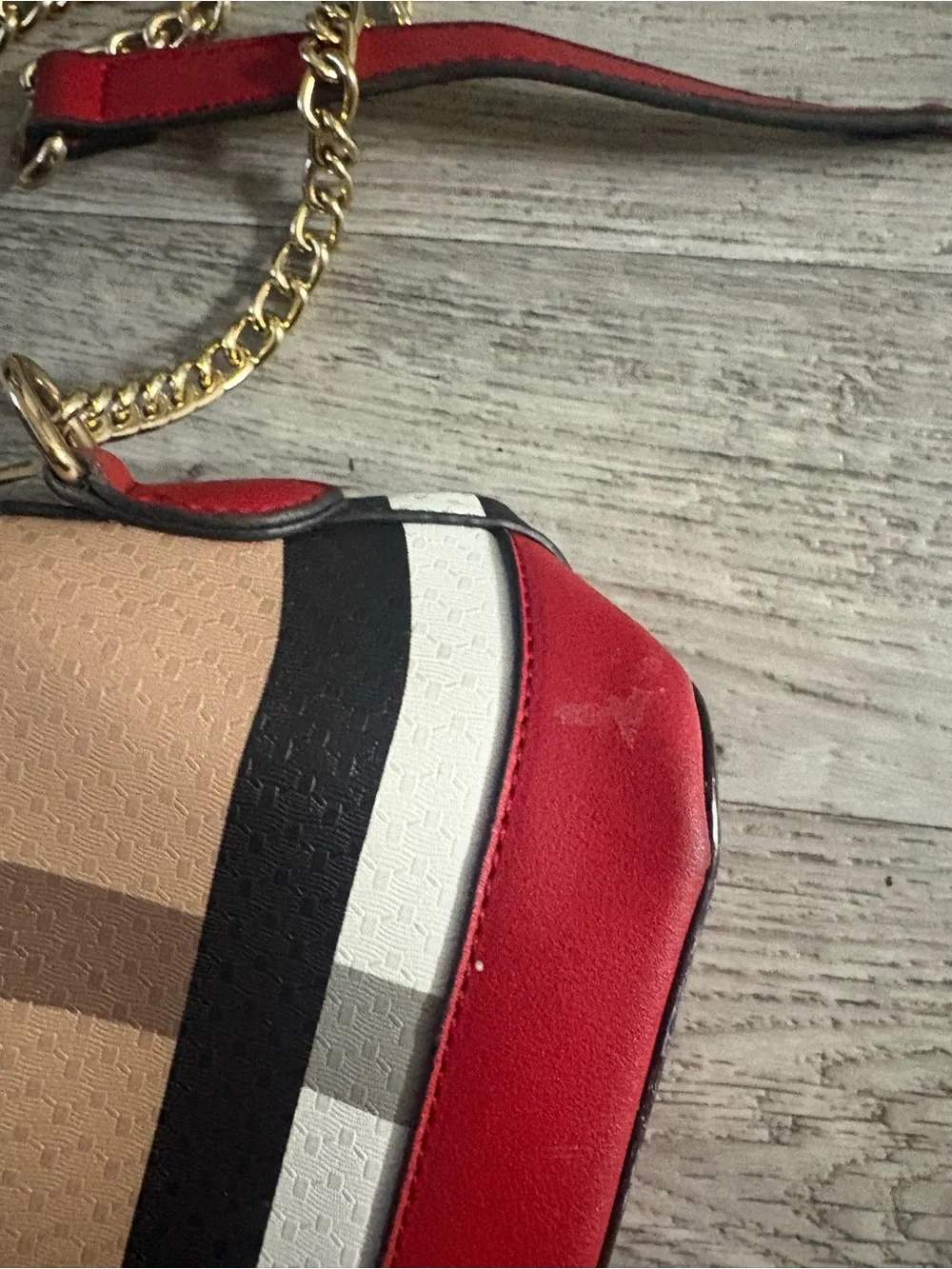 Striped Red and Tan Crossbody Camera Bag with Gold Bee Accent